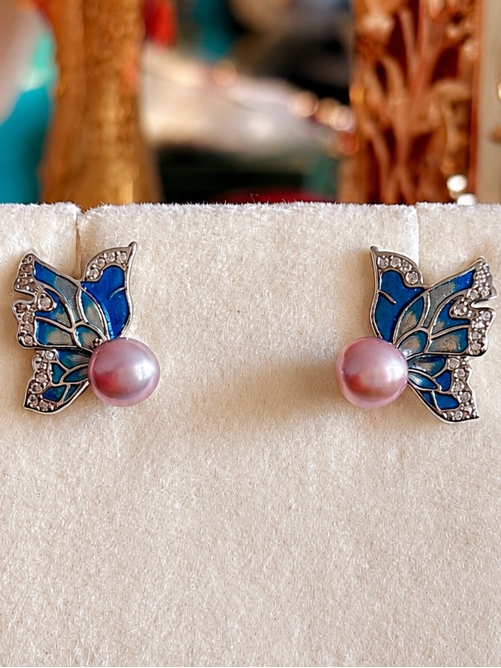 Butterfly Wing Pearl Stud Earrings in Blue and Pink | Enamel